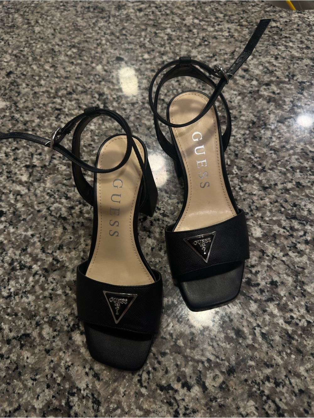GUESS Black “GELYAE” Ankle-Strap Block Heel Sandals with Logo Triangle